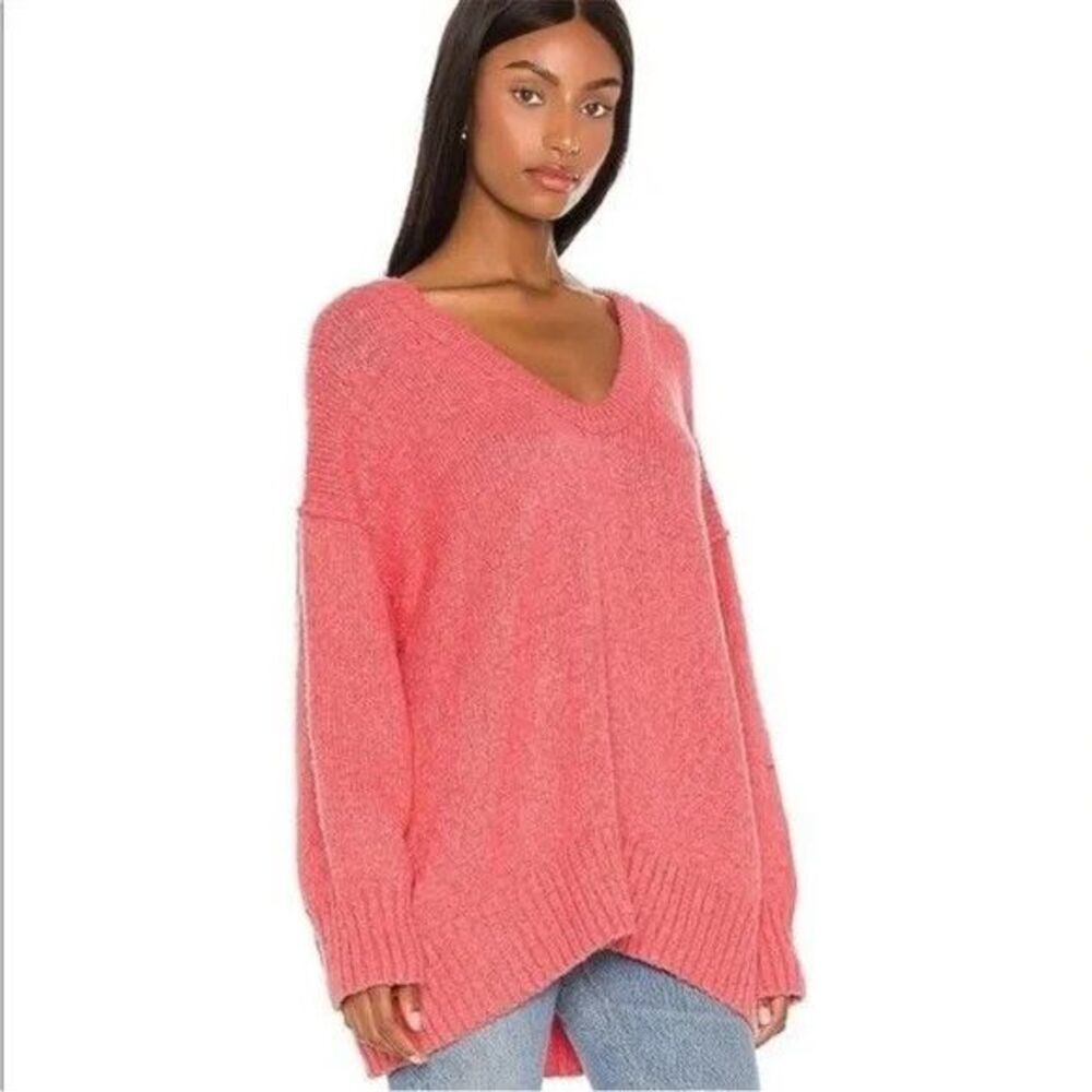 Free People Sweater Womens Small Pink Deep V Neck Oversized Drop Shoulder Ribbed
